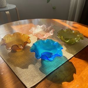 Vintage 1950s Mid Century Multi Colored ruffled Glass Candy Dishes